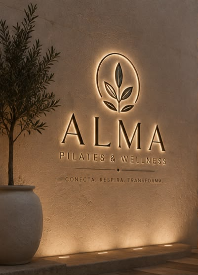Muro de ALMA con el logo iluminado y un olivo
